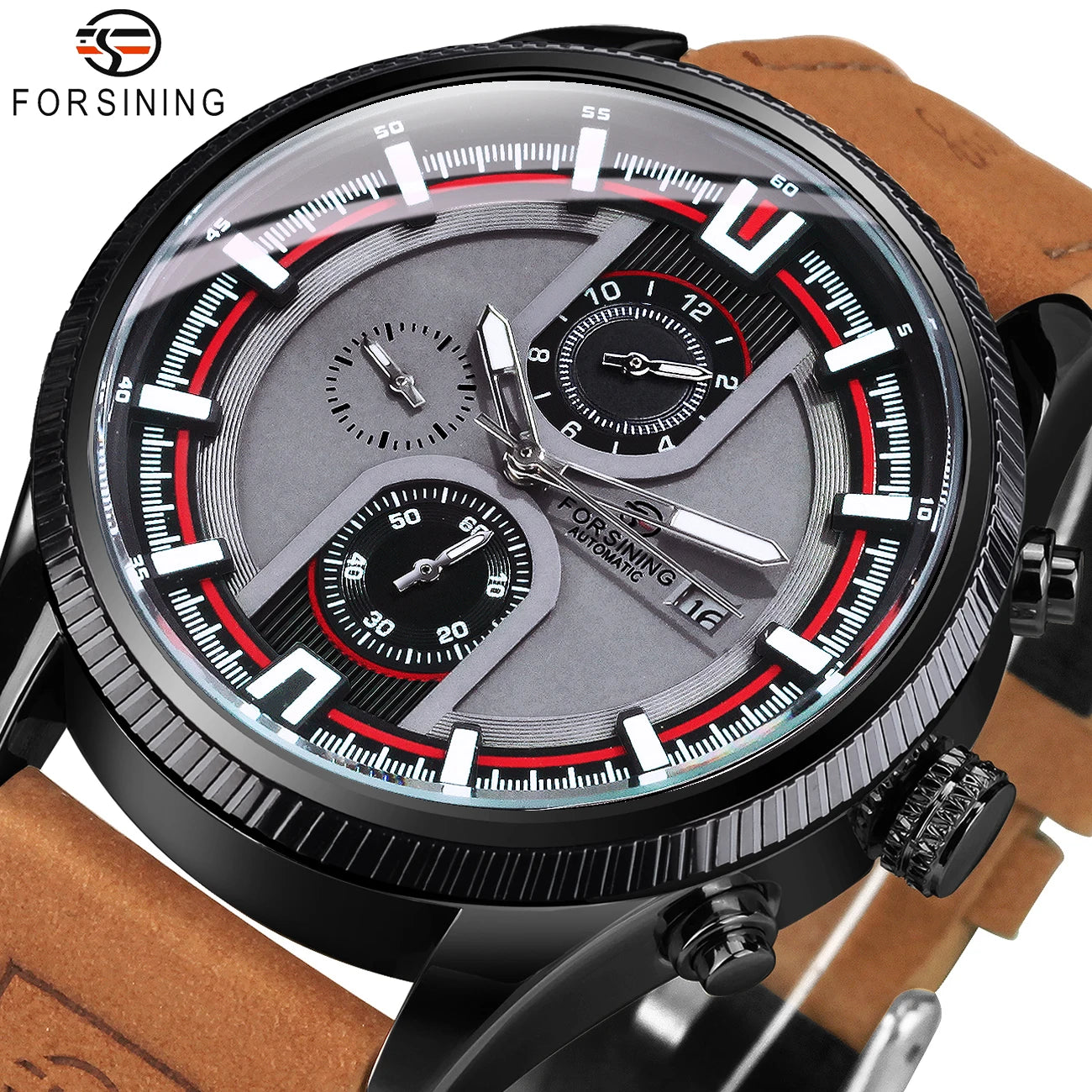 Forsining Sports Automatic Mechanical Watch for Men Calendar Luminous Hands Leather Strap Business Mens Watches Top Brand Gifts